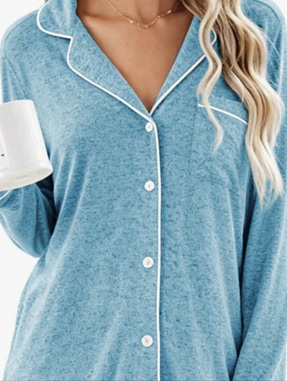 Light Blue Women's Button-Front Pajama Top with White Piping
